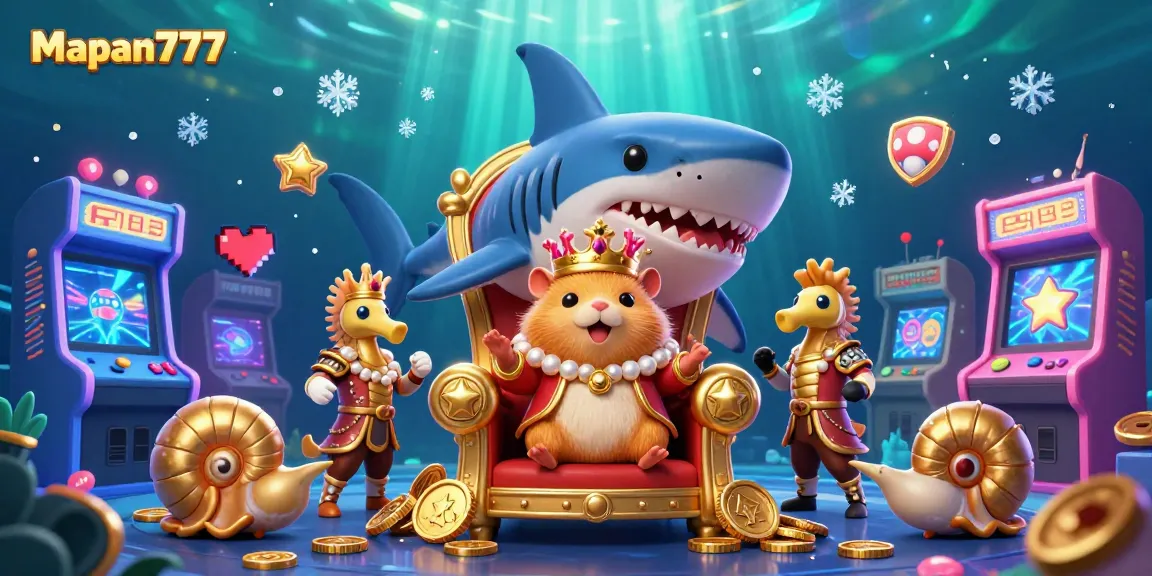Experience the vibrant Mapan777 gaming world with a golden hamster king and seahorse guards in a lively casino scene.