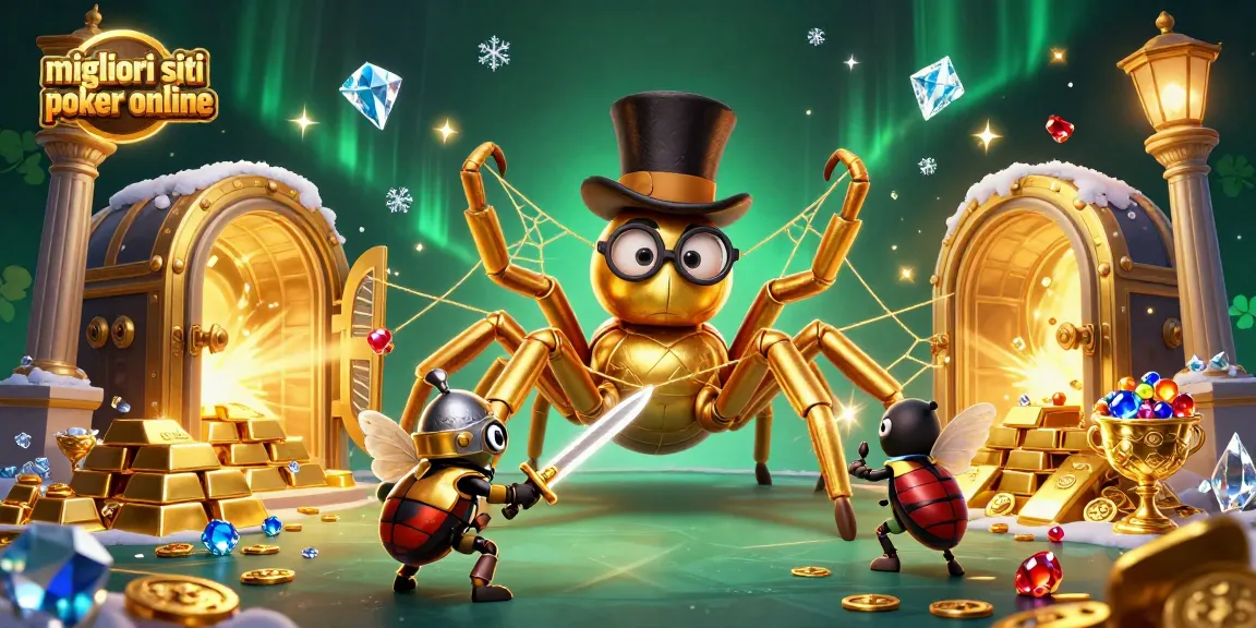 I migliori siti poker online: una scena avvincente con un ragno d'oro e un cavaliere, circondati da tesori