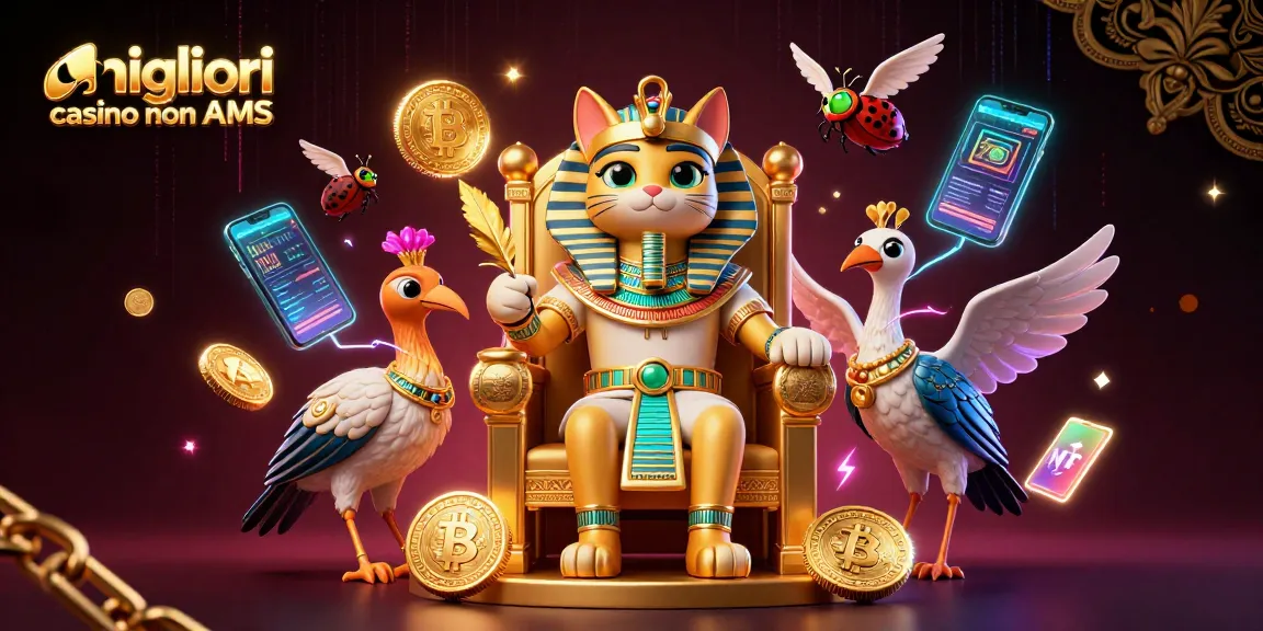 Scopri i migliori casino non AAMS con un affascinante faraone egiziano e monete crypto in un'illustrazione vivace.