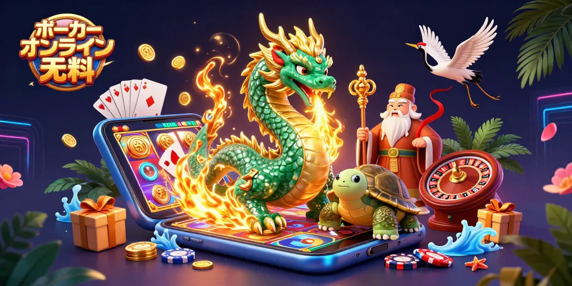 ポーカー オンライン 無料のダイナミックな3Dイラスト、ドラゴンとカメが共演。