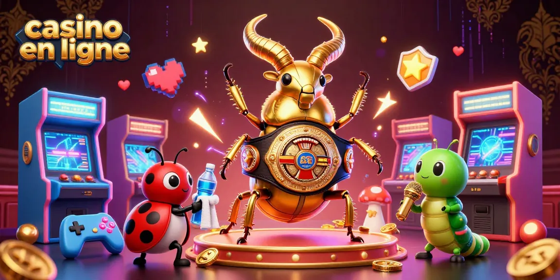 Casino en ligne : illustration colorée de jeux d'arcade avec un scarabée doré en ceinture de champion.