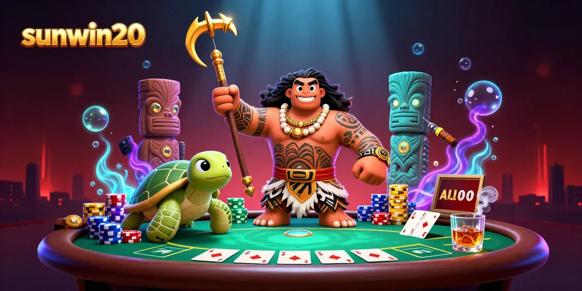 Sunwin20 showcases a dynamic casino scene with vibrant characters and exciting poker elements.