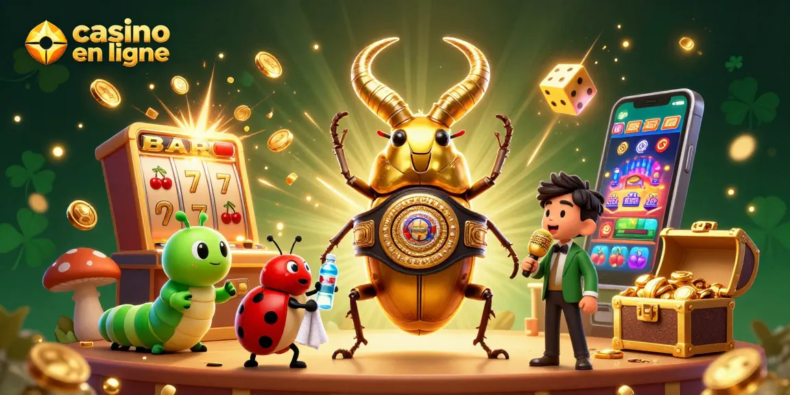Scénario captivant de casino en ligne avec un scarabée géant et des éléments de jeu animés.