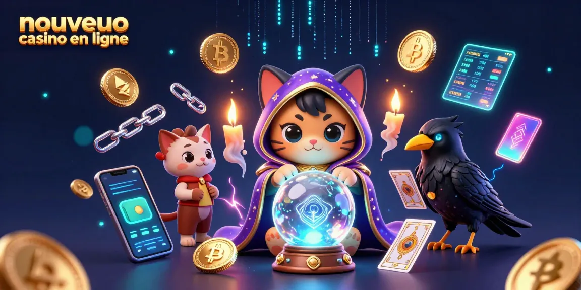 Illustration d'un nouveau casino en ligne avec un chat mystique et des éléments de crypto-monnaies.
