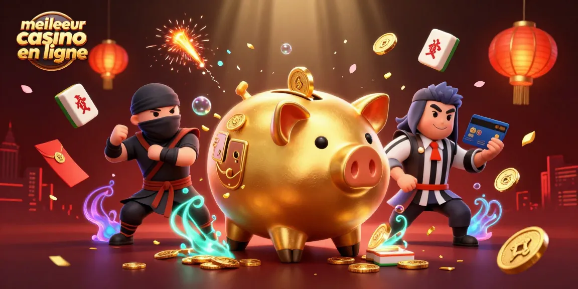 Visualisez le meilleur casino en ligne avec un sumo en tirelire et des personnages emblématiques dans une scène festive.