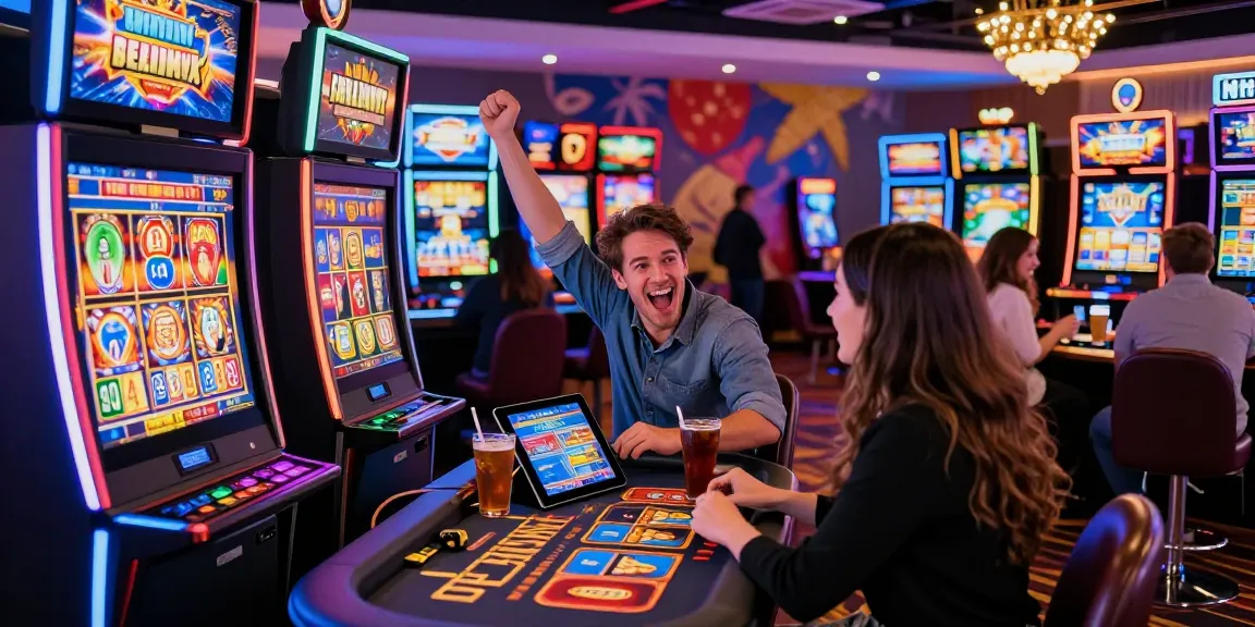 Diverse players enjoying vibrant non gamstop casinos experience at a lively gaming floor, with exciting slot machines and live dealer tables.